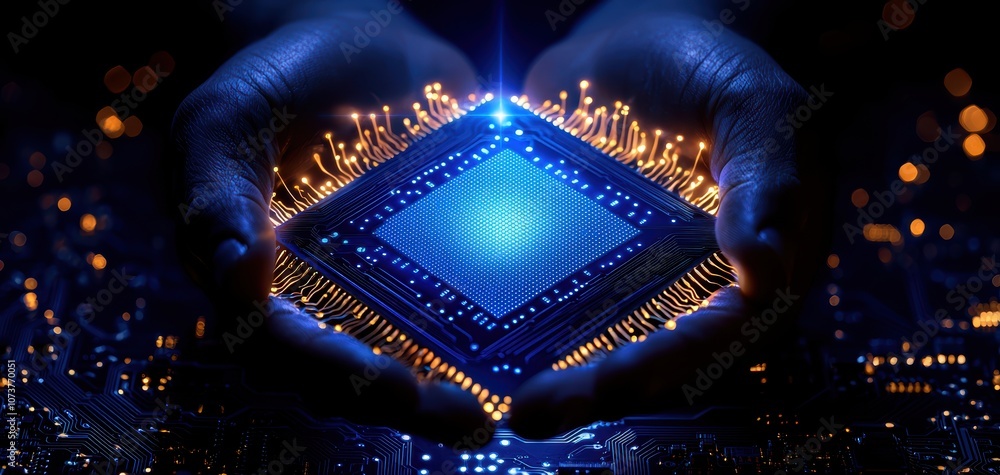 Poster a close-up view of hands holding a glowing microchip, symbolizing innovation and advancements in tec