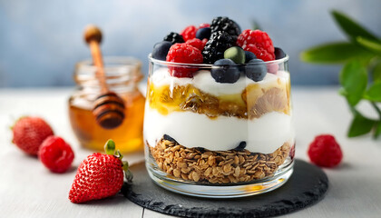  A layered dessert consisting of Greek yogurt, mixed berries, crunchy granola, and a sweet d_1(95)