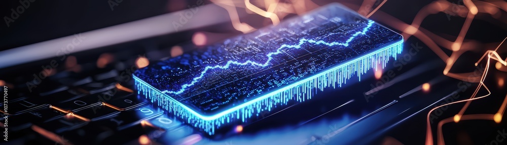 Poster a futuristic smartphone displaying data analytics on a sleek laptop keyboard, symbolizing innovation