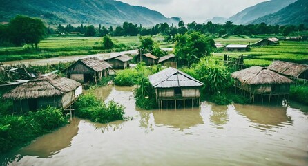 tropical flooded village with trees and mountains 