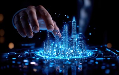 A futuristic hand interacting with a holographic city model, showcasing digital innovation and urban design.