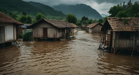 flooded wooden huts 