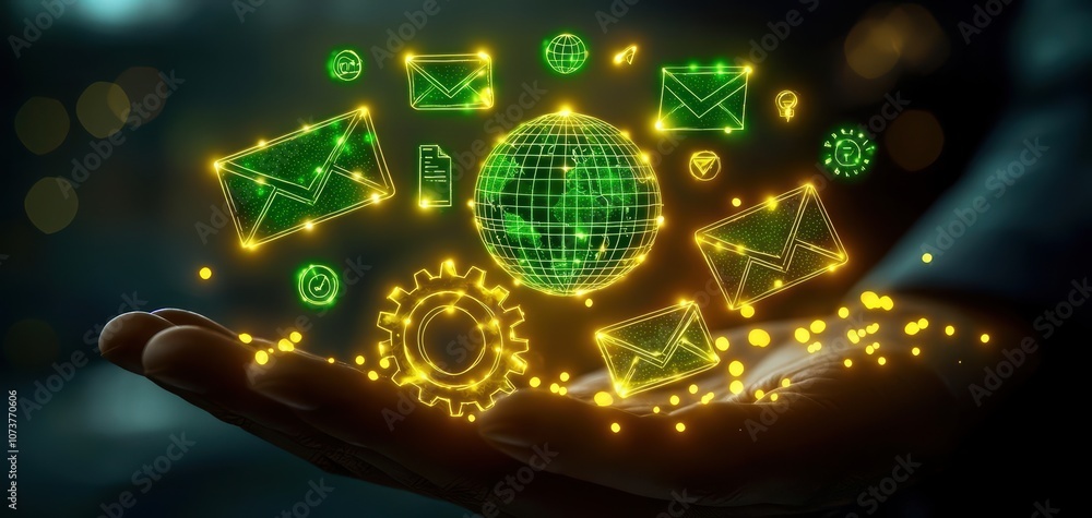 Aufkleber a glowing digital interface showcasing global connectivity with futuristic elements in a hand.