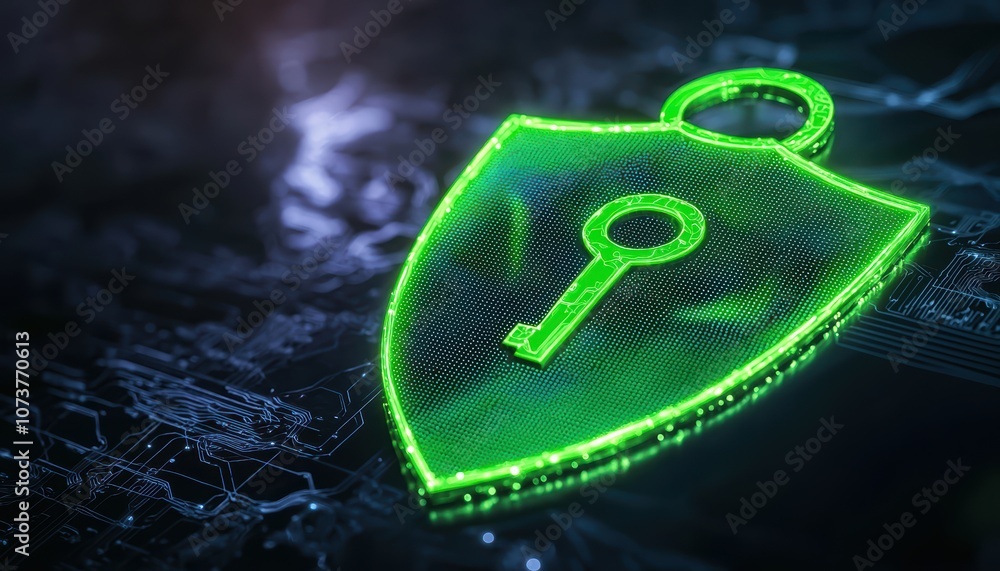 Poster a glowing digital shield with a key symbol, representing cybersecurity and data protection in the di
