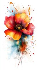   Red and Yellow Watercolor Flower with Splattered Petals