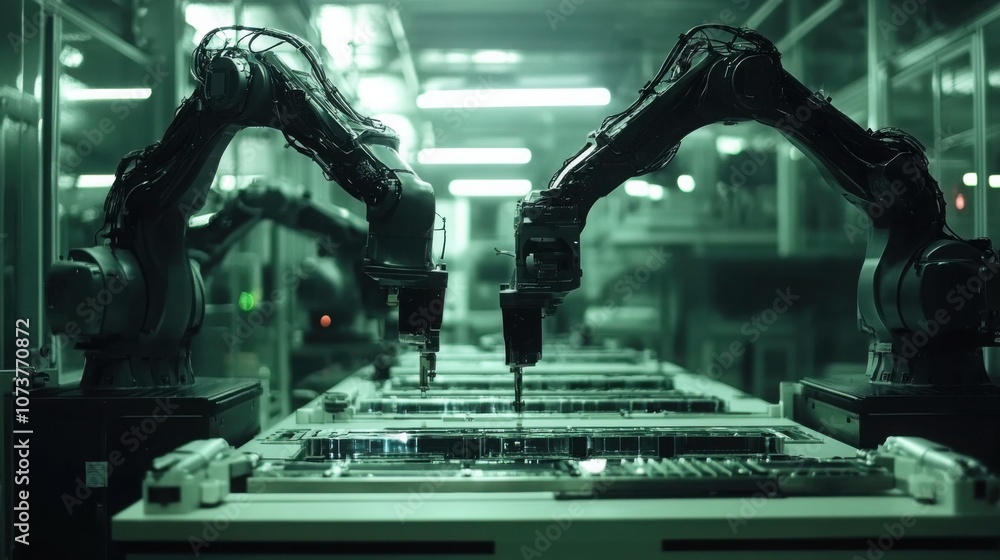 Poster ai-enhanced manufacturing process with robotic arms assembling devices