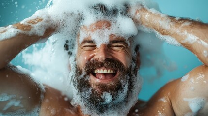 Fototapeta premium A bearded man is joyfully washing his hair with an abundance of shampoo foam in a playful and carefree manner in the shower, indicating pure happiness and delight.