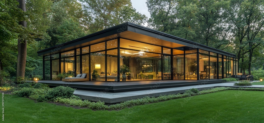 Poster modern glass house with large windows overlooking a lush green lawn with trees in the background.