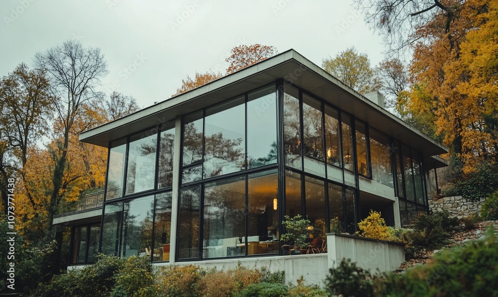 Poster modern glass house with large windows surrounded by trees in autumn.