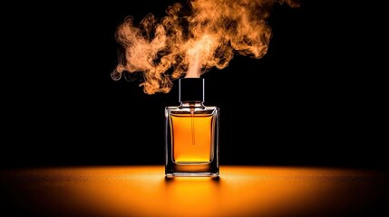   A glass bottle with liquid and smoke on black background