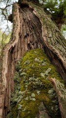 Obraz premium Ancient tree bark close-up with dense moss and lichen, rugged appearance, blurred forest background