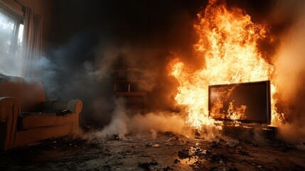 The image captures an intense fire consuming a room, with flames fiercely embracing a television set, creating a scene of turmoil and destruction amidst the smoke.