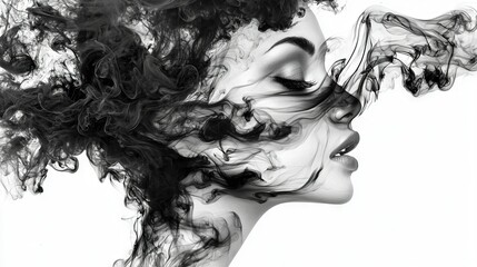   A monochromatic image of a female face surrounded by wisps of smoke and a cigarette clenched between her teeth