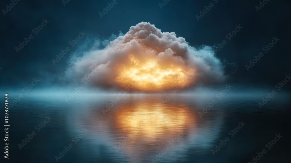 Poster dramatic clouds are aglow with fiery illumination, creating a stunning visual spectacle over calm wa