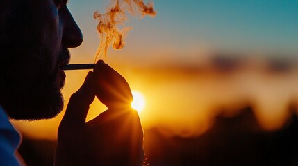 Fototapeta premium A man smoking a cigarette against the backdrop of a sunset and the sky beyond him