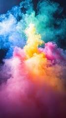   A vibrant cloud of smoke amidst a dark blue sky during a rainbow - colorful image