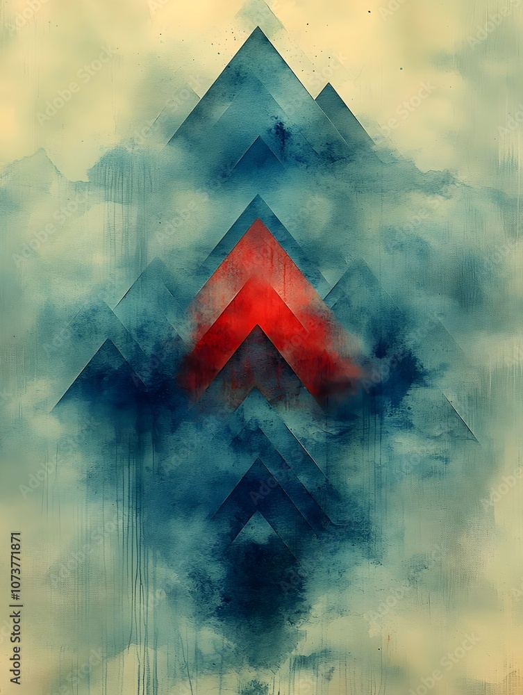 Poster an abstract composition featuring layered blue and red triangular shapes emerging from a misty backg