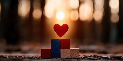 A heart-shaped object amongst colorful blocks symbolizes love and connection in a serene forest setting at sunset.