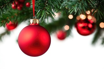 A vibrant red bauble hangs from evergreen branches, embodying the festive spirit of Christmas with soft bokeh lights in the background.