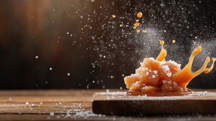 An artistic spread of caramel blocks with sugar drops captured mid-motion, suggesting a vibrant dance of sweetness, energy, and appetizing visual splendor.