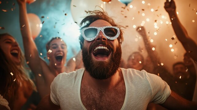 A jubilant man wearing sunglasses and a white shirt revels in an energetic party atmosphere filled with vibrant decorations and euphoric, smiling faces of attendees.