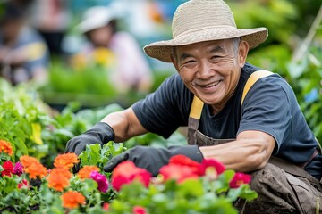 Smiling senior man gardening, surrounded by colorful flowers