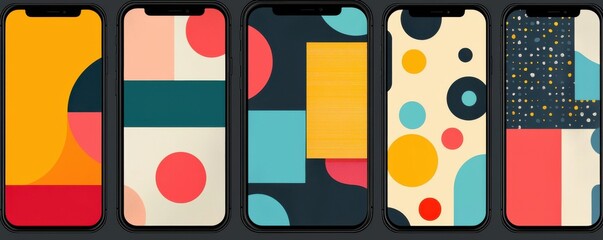 Colorful geometric patterns displayed on modern smartphone screens