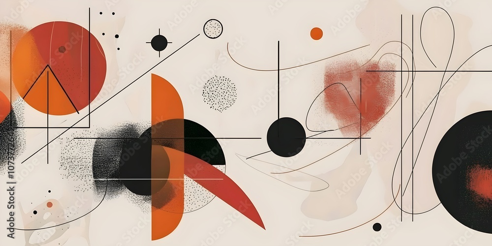 Poster an abstract composition featuring geometric shapes in bold colors of red, orange, and black on a sof