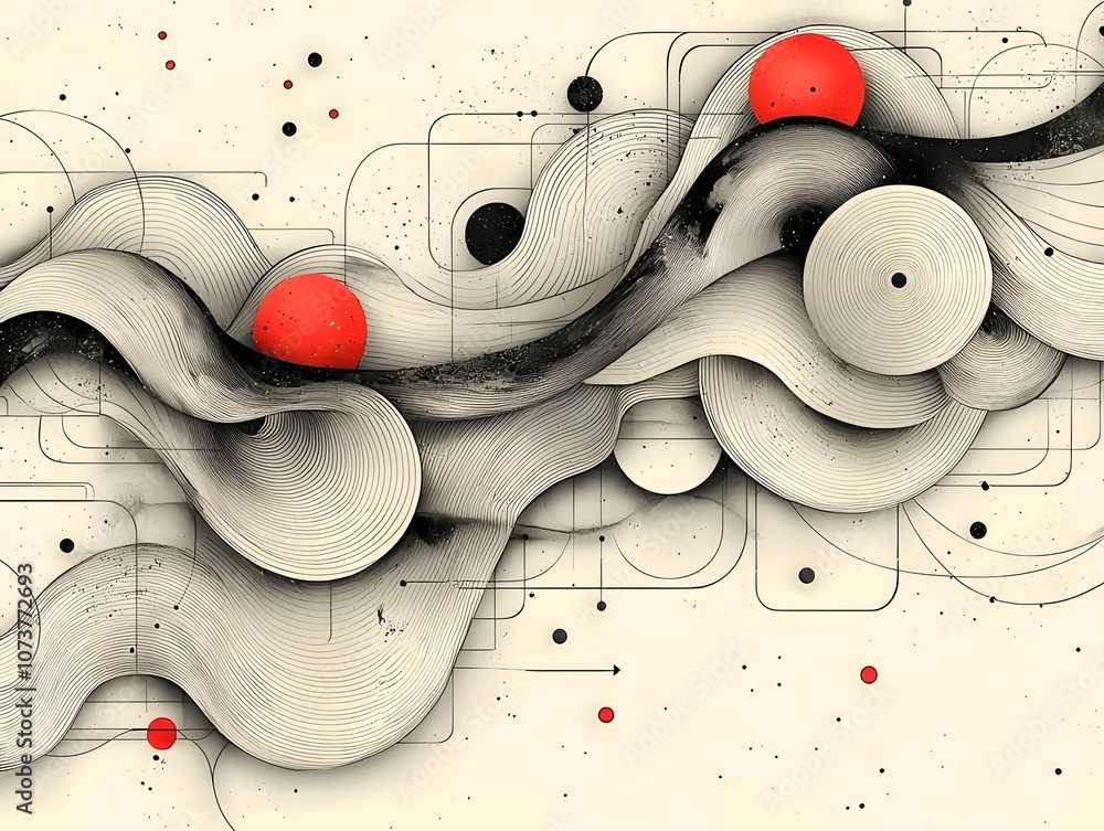 Poster an abstract design featuring intricate black and white swirls interplayed with bold red spheres agai