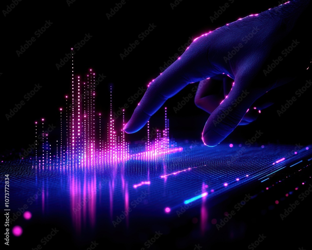 Poster a vibrant digital visualization of sound waves, illuminated in neon colors, showcasing interaction w