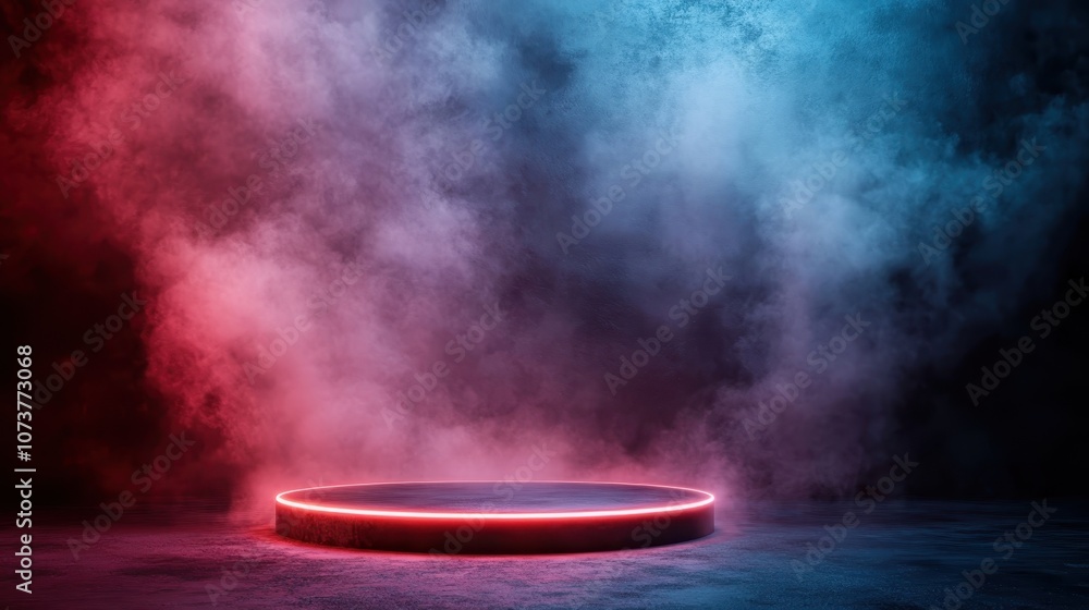 Poster an empty stage surrounded by red and blue glowing lights, creating a mysterious ambiance with swirli