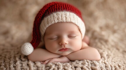 Adorable newborn baby sleeping soundly in a red Santa hat on a soft, beige blanket.