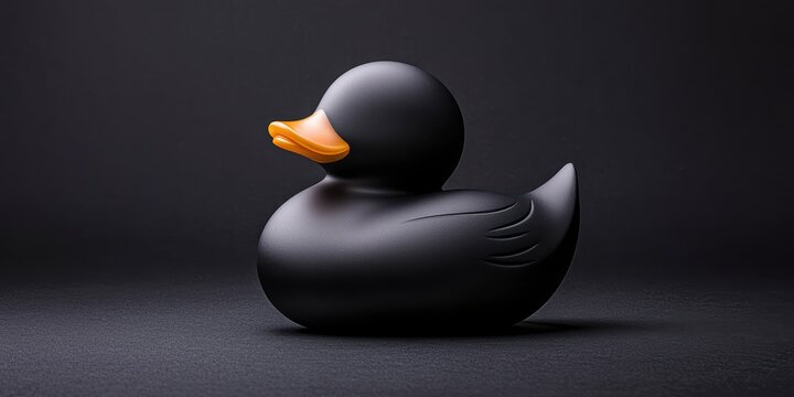 A whimsical black rubber duck with an orange beak against a dark background, perfect for playful design.