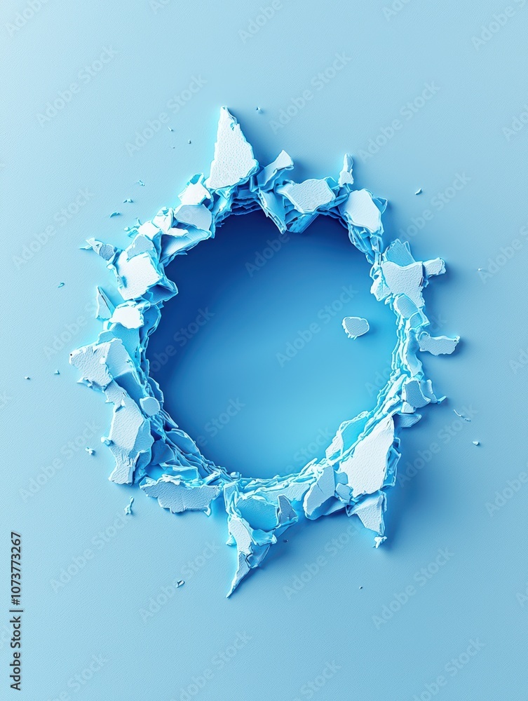Poster abstract blue design with a circular hole made from shattered pieces, creating a modern and artistic