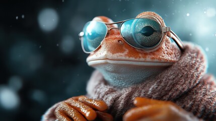 A chic frog adorned with sunglasses poses stylishly in a whimsical winter scene, exuding charm and playfulness combined with a nod to elegance and humor.