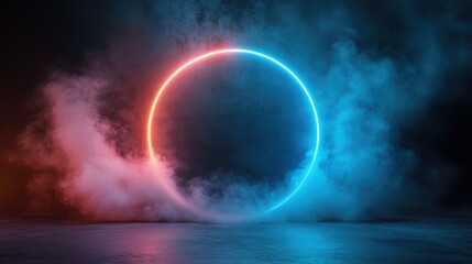 Obraz premium A glowing circle in the center surrounded by ethereal red and blue smoke, creating a captivating and mystical visual effect against a dark backdrop.