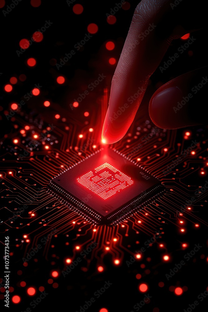 Poster close-up of a finger touching a glowing red microchip against a backdrop of digital circuits and lig