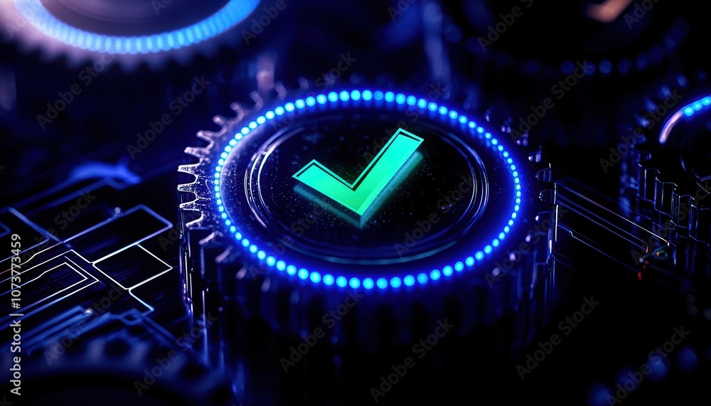 Poster close-up of a glowing checkmark symbol on a dark gear mechanism, symbolizing confirmation and approv