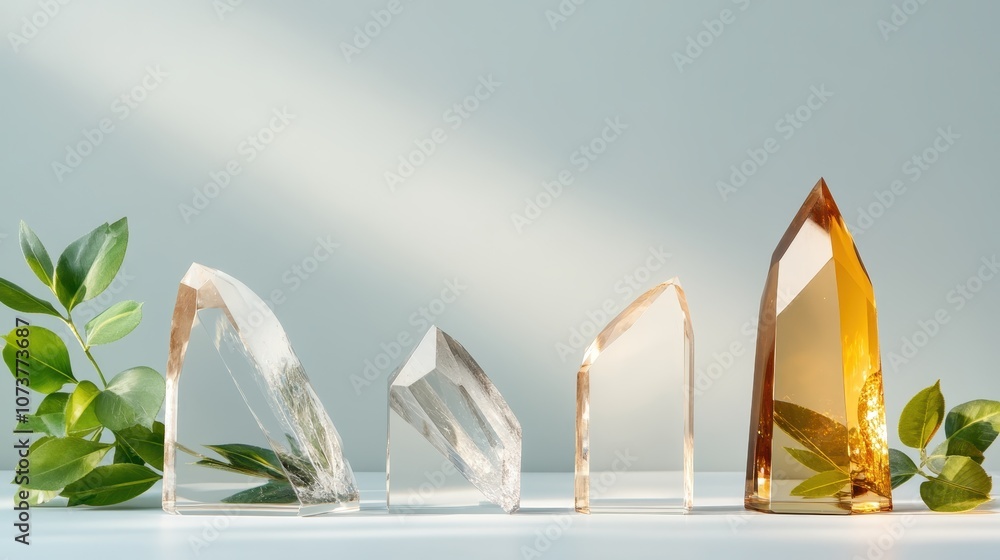 Poster this image features an array of elegant crystal formations accompanied by fresh green leaves, creati