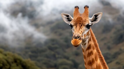 A giraffe stands tall on misty hills beneath a cloudy sky, embodying themes of majesty, contemplation, and the vastness of nature's beauty and challenges.