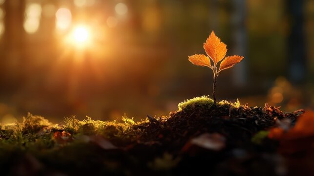 A small plant with bright orange leaves stands proudly on a mossy mound, capturing the essence of autumn hues under the gentle glow of the rising sun.