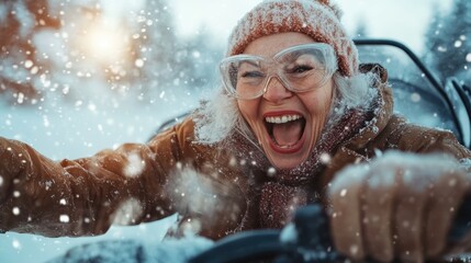 A woman with white hair, wearing glasses and warm clothing, happily races through a snow-covered forest, embracing the thrill of a winter adventure.
