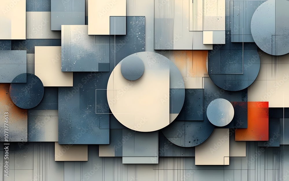 Poster an abstract geometric composition featuring varying shapes and sizes, blending soft blues, creams, a