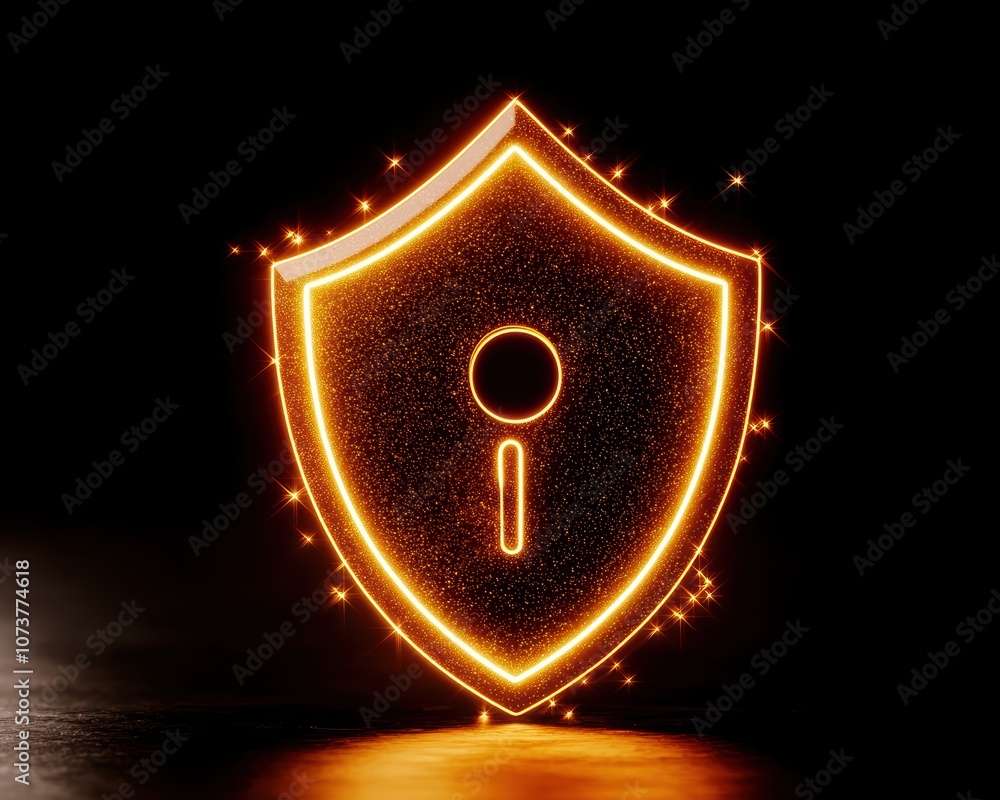 Poster glowing shield icon representing digital security and protection in a dark environment.