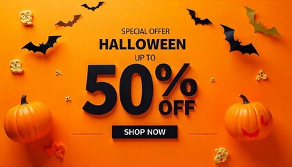 An orange sign board with text SPECIAL OFFER Halloween up to 50% OFF SALE SHOP NOW, banner, template, poster, created with generative ai