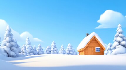 Cozy Snow-Covered Cabin Amidst Pine Trees on a Clear Blue Sky Day, Perfect for Winter and Holiday-Themed Illustrations and Designs