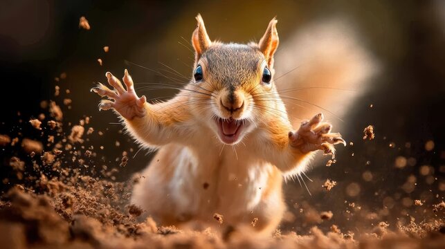 An eager squirrel in a dynamic pose, jumping energetically with an animated expression, surrounded by dirt and foliage, embodying enthusiasm and curiosity.