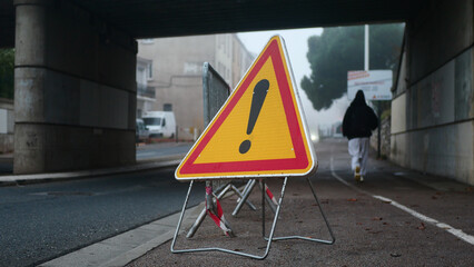 Exclamation mark in a triangle, warning, road signs, street, Perpignan, France