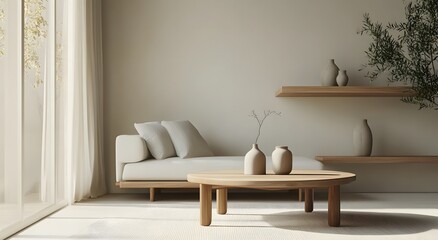 A minimalist living room with an oversized round wooden coffee table in the middle of a white sofa. The sofa is decorated with gray cushions and vases on top. Modern living room home interior design.