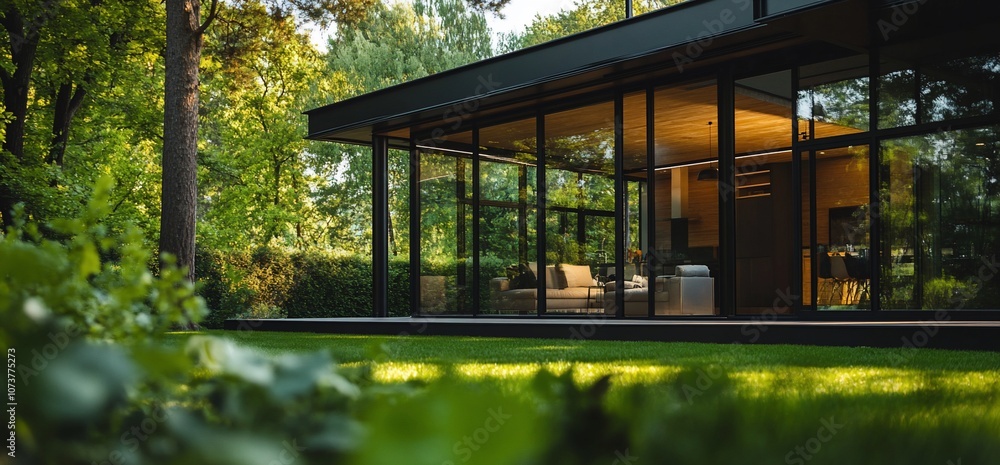 Poster modern home with large windows overlooking a lush green lawn and trees.